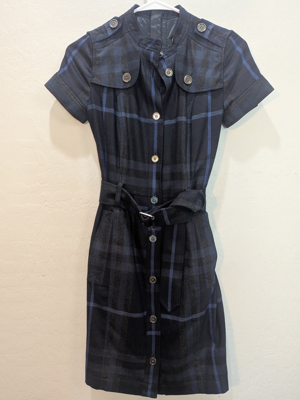 Burberry Brit Blue Nova Check Wool-Blend Belted Shirtdress - Size 2